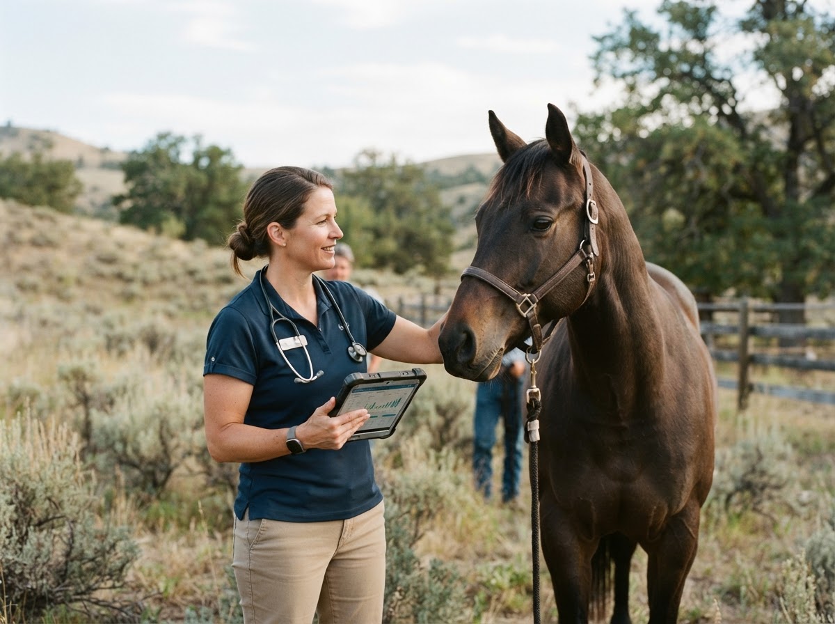 Equine veterinarian consulting beside a horse
