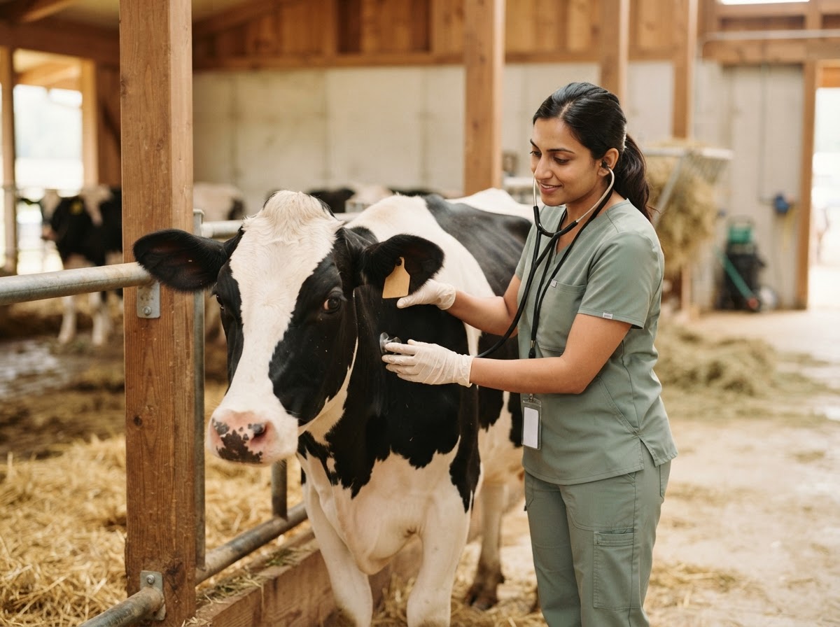 Livestock veterinarian caring for cattle